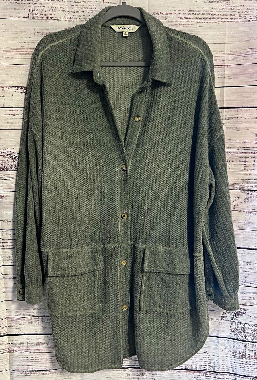 Davi & Dani Green Waffle Knit Button Front Pockets Cardigan Sweater Oversized L